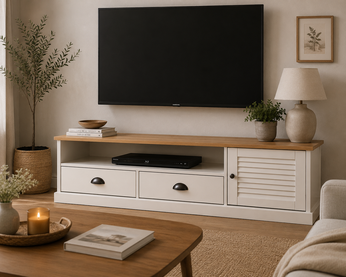 Meuble TV blanc et bois de pin massif dans un salon scandinave chaleureux avec rangements et niche multimédia ouverte