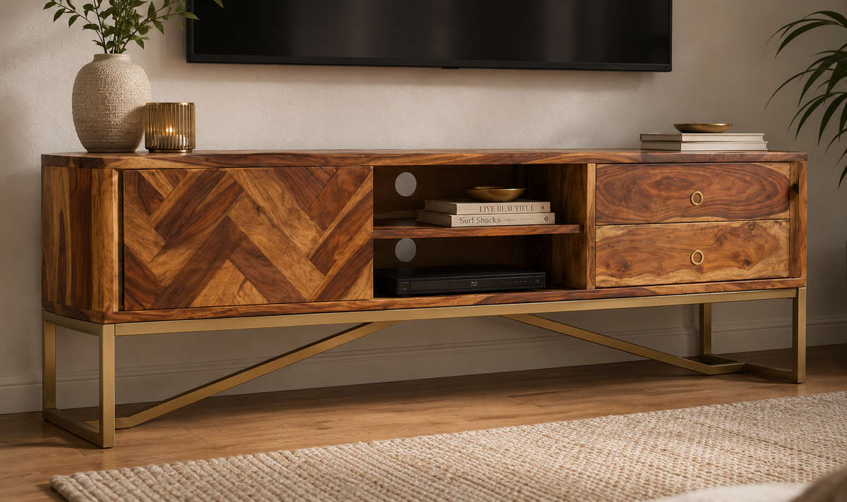 Meuble TV en bois de Sesham massif avec niches ouvertes, compartiment fermé et tiroirs de rangement