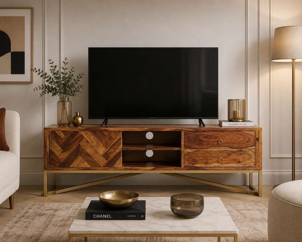 Meuble TV en bois de Sesham massif avec façade chevrons présenté dans un salon élégant au style mid-century et contemporain