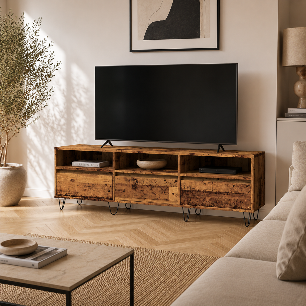 Meuble TV industriel effet vieux bois avec structure basse et nombreux rangements ouverts dans un salon contemporain