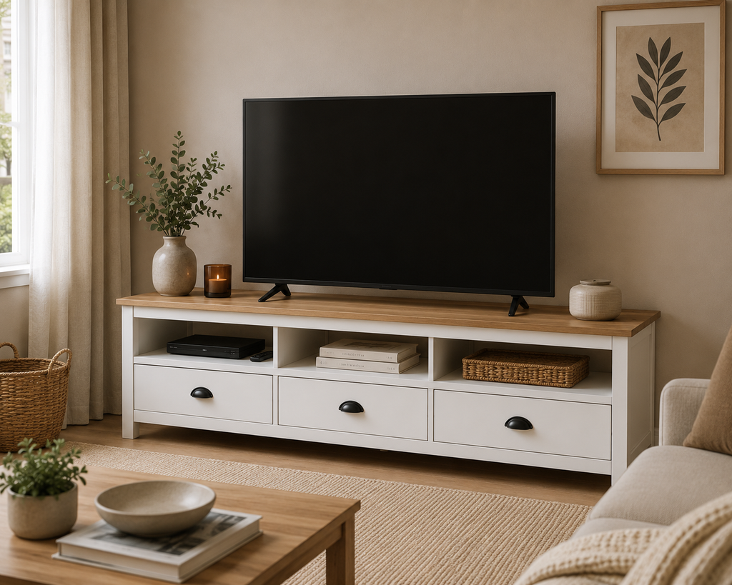 Meuble TV en bois de pin massif blanc et bois naturel dans un salon lumineux au style scandinave et campagne chic