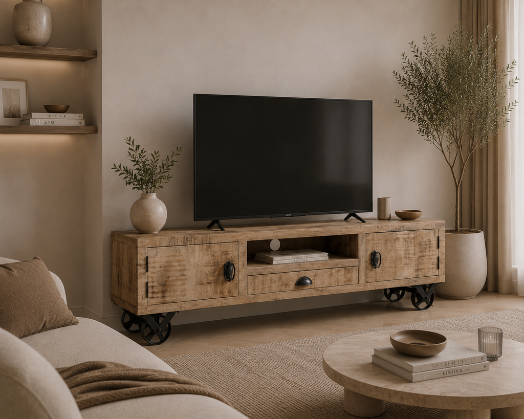 Meuble TV vintage en bois de manguier massif avec roues noires et rangements intégrés dans un salon au style loft industriel