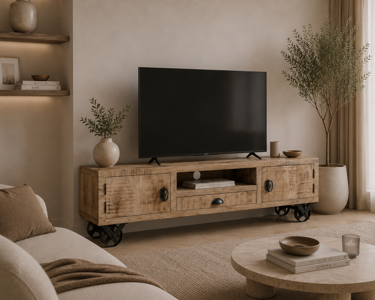 Meuble TV vintage en bois de manguier massif avec roues noires et rangements intégrés dans un salon au style loft industriel