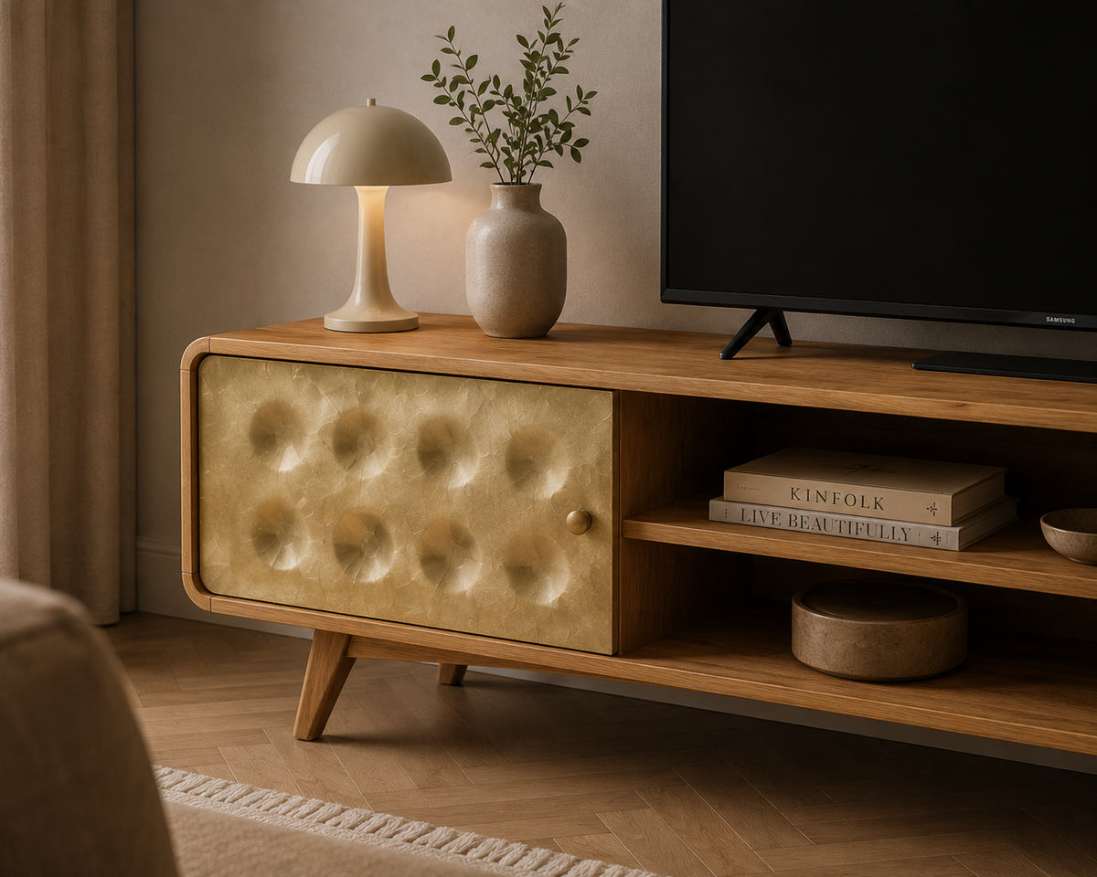 Meuble TV vintage en bois massif avec portes dorées texturées, niches centrales ouvertes et pieds inclinés en bois