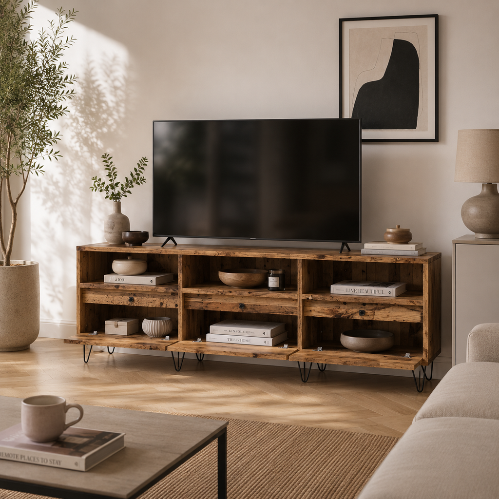 Meuble TV 150 cm effet bois vieilli avec six niches ouvertes pour équipements multimédias dans un intérieur moderne
