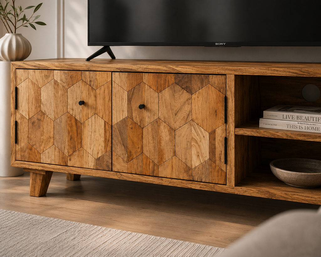 Gros plan sur les portes sculptées à motif hexagonal du meuble TV en bois de manguier massif