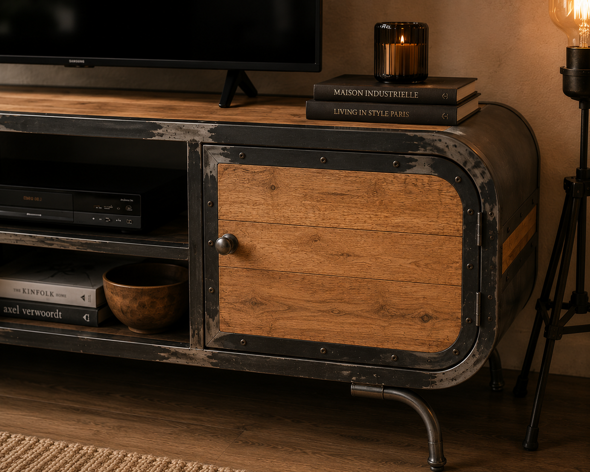 Détail de la porte coulissante en bois massif avec poignée métallique du meuble TV industriel