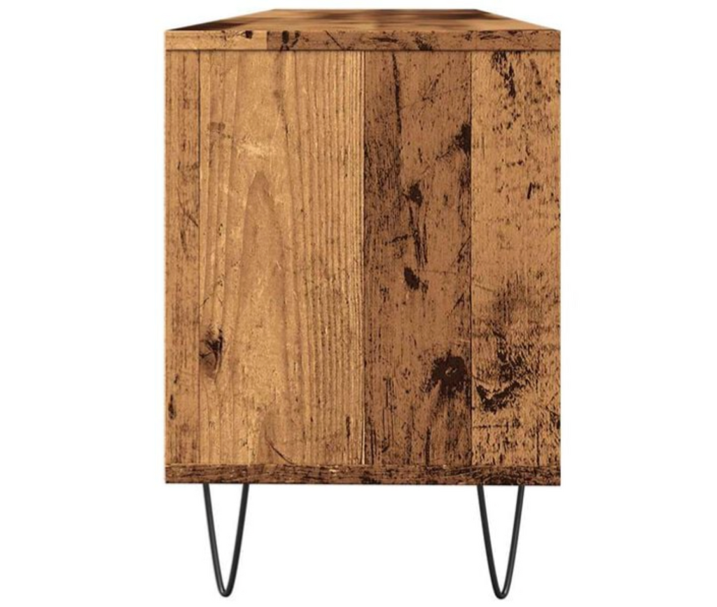 Vue latérale du meuble TV effet vieux bois avec structure robuste et pieds en fer noir style industriel