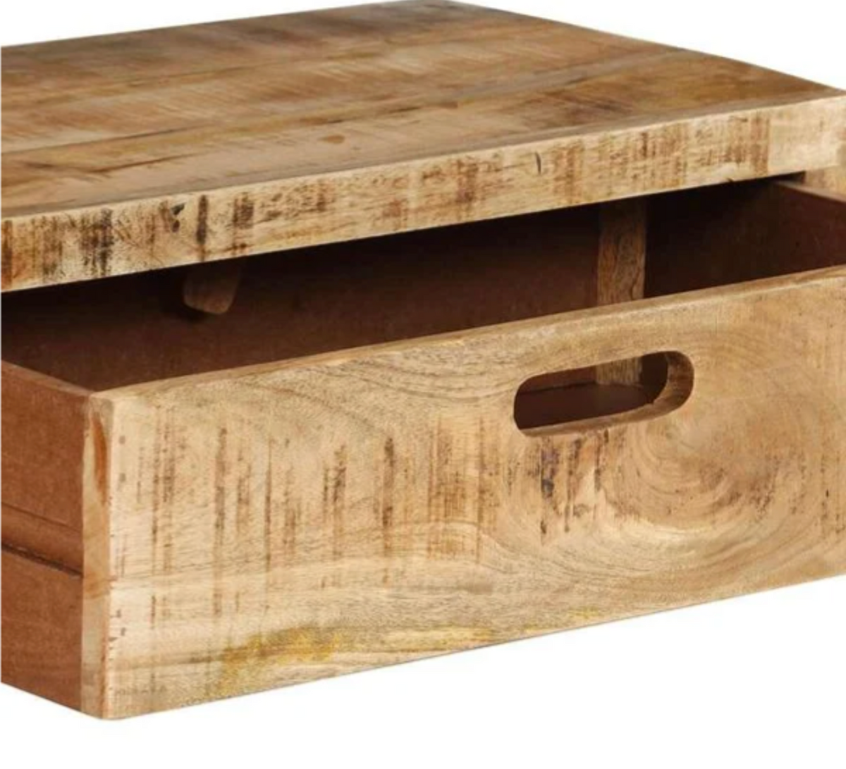 Gros plan sur un tiroir du meuble TV extensible en bois de manguier massif montrant le veinage naturel du bois